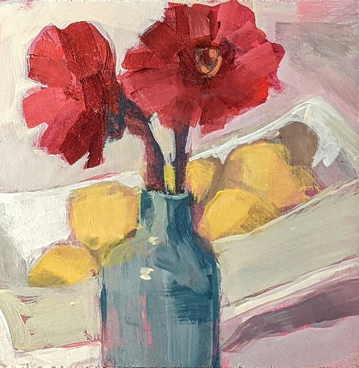 pink rose red flowers lemons turquoise vase white dish