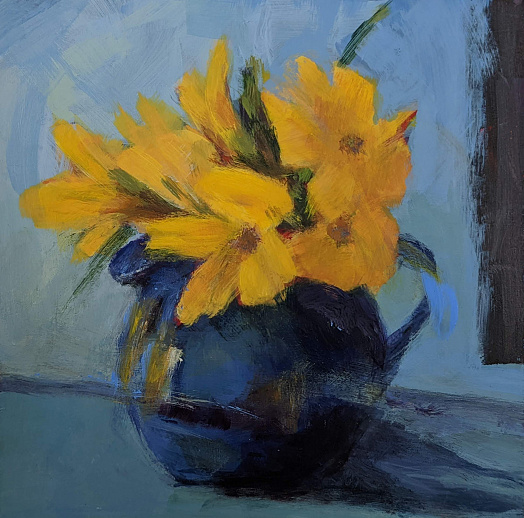 Yellow Alstroemerias in blue pitcher