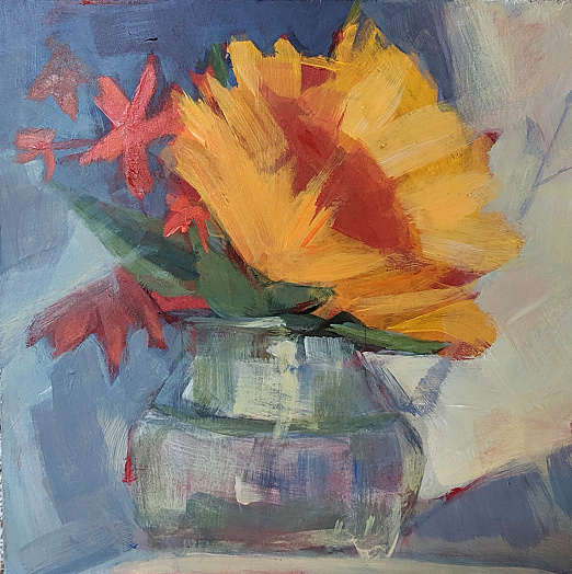 big sunflower and small red flowers  in house