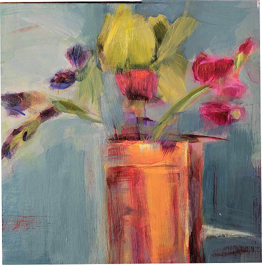 copper vase with small purple pink flowers