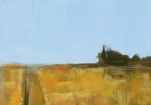 abstract landscape with golden meadow road with shadow structure on right