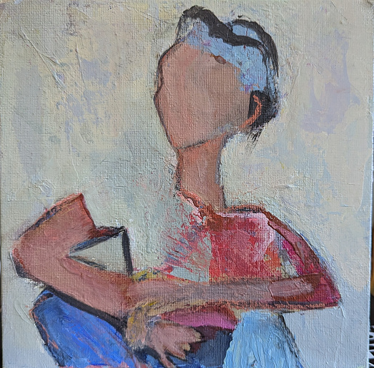 seated whimsical figure with blue hat