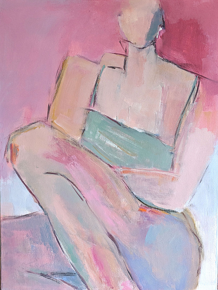 Her abstract Woman sitting knee up mostly pinks some green
